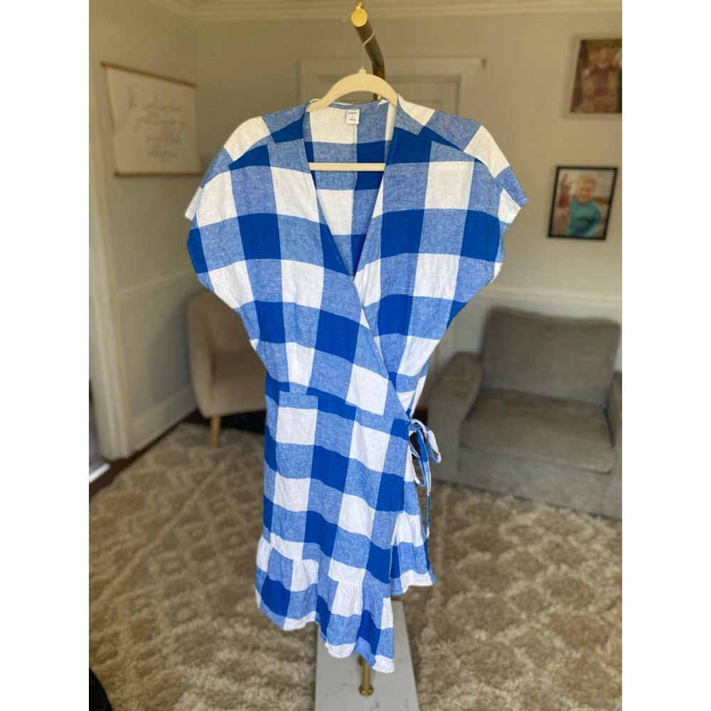 Old Navy Wrap Dress Gingham Blue White Cottagecore Preppy Summer Picnic Coastal - Picture 2 of 11